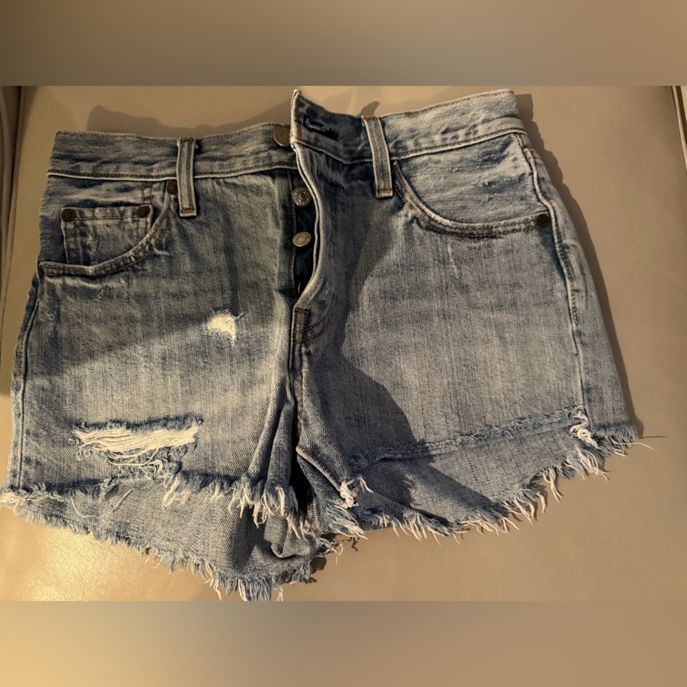 Levi’s jean shorts, light denim wash, distressed look, size 25